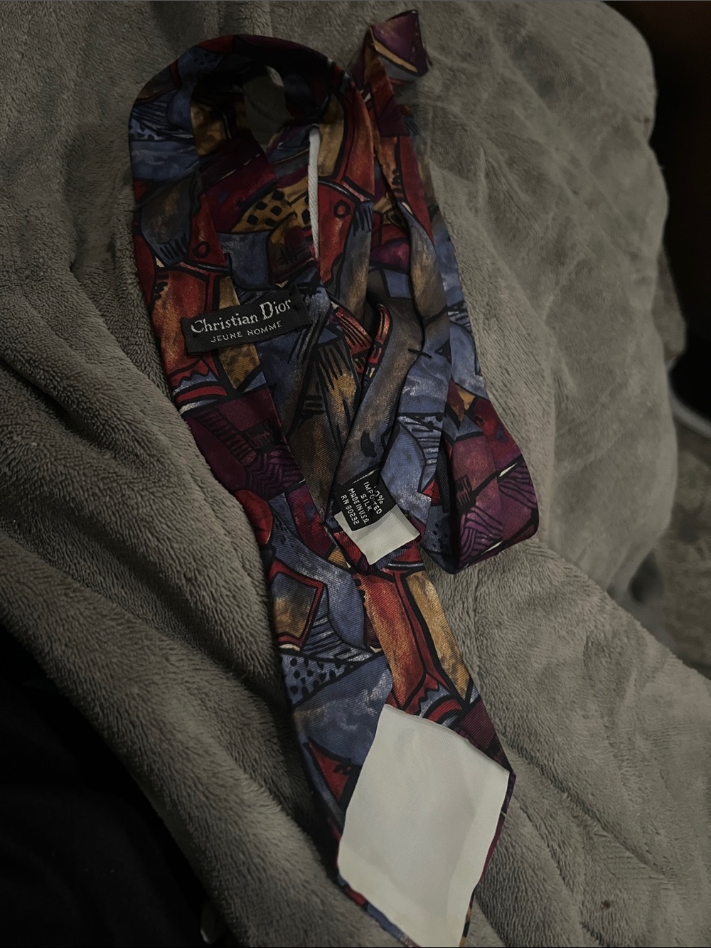 Dior Multicolor Abstract Silk Tie in Burgundy, Blue & Gold Accents